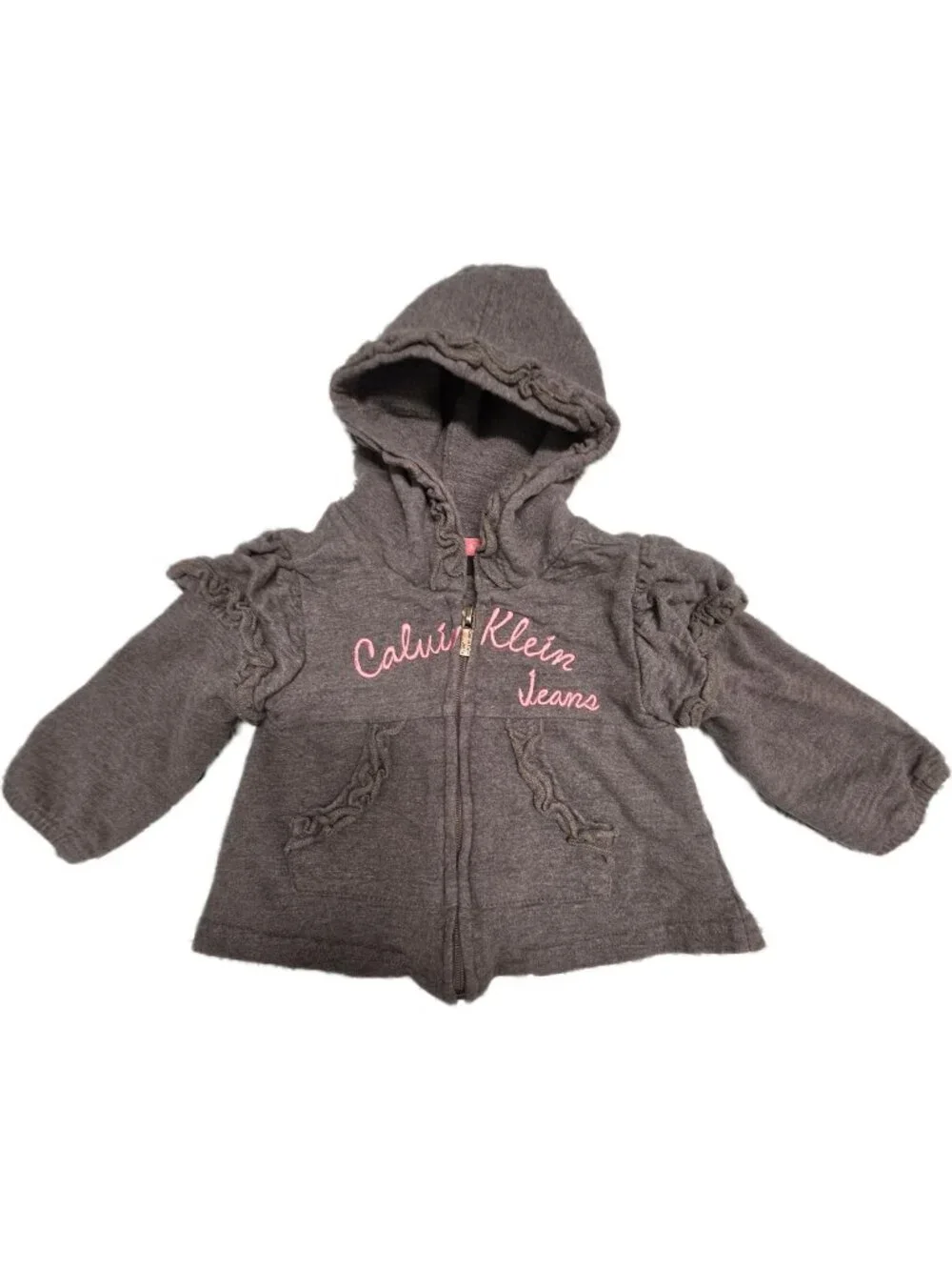 Calvin Klein Jeans Baby Girls Gray Ruffle Zip Hoodie Sweatshirt Jacket 12M